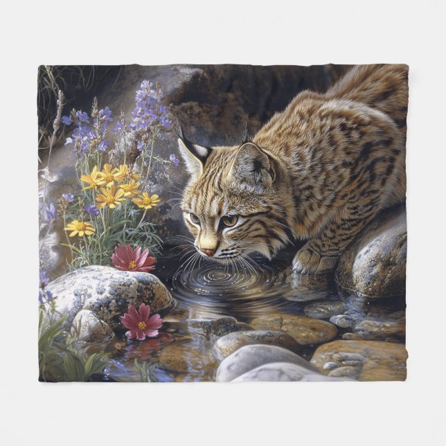 Bobcat with Wildflowers Scenic Art Fleece Blanket (Front (Horizontal))