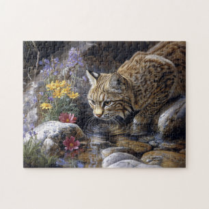 Bobcat with Wildflowers Scenic Art Jigsaw Puzzle
