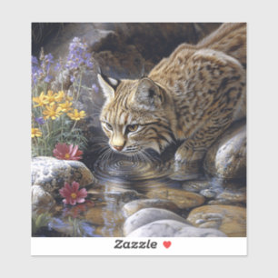 Bobcat with Wildflowers Scenic Art Sticker