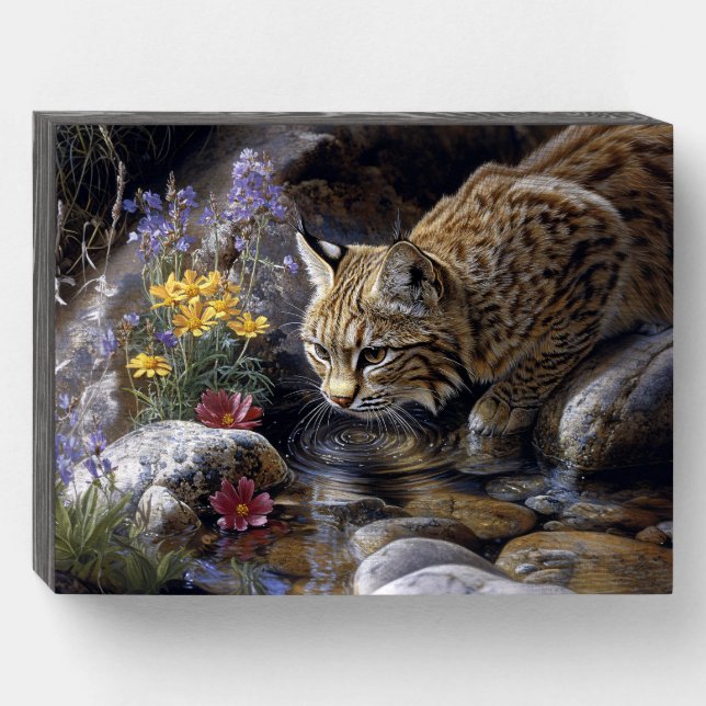 Bobcat with Wildflowers Scenic Art Wooden Box Sign (Front Horizontal)