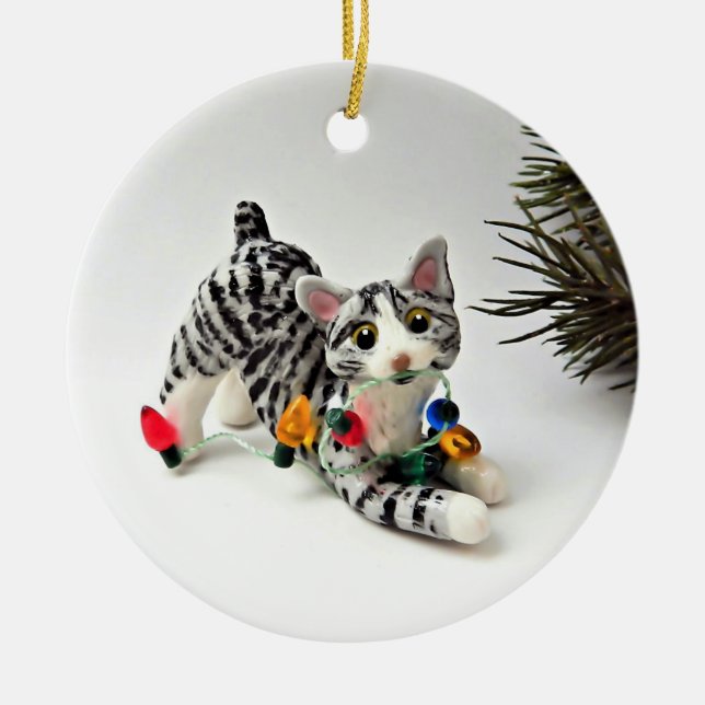 Bobtail Cat Gray Tabby Holiday Ornament (Front)