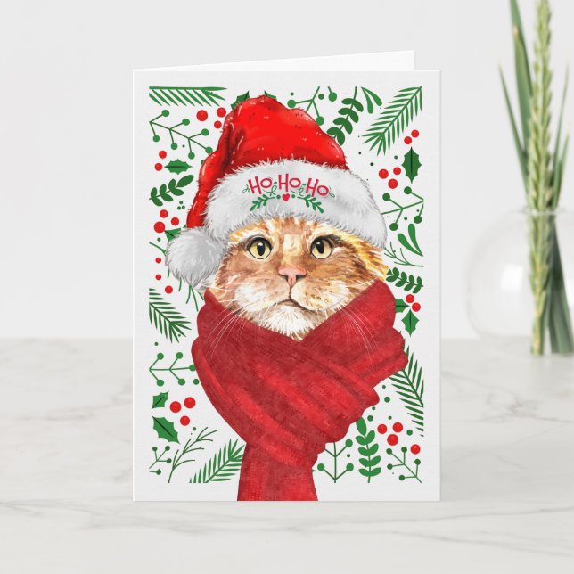 Bobtail Cat in a Santa Hat Meowy Christmas Holiday Card (Front)