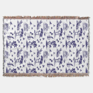 Bobwhite Quail Toile De Jouy Navy and White Throw Blanket