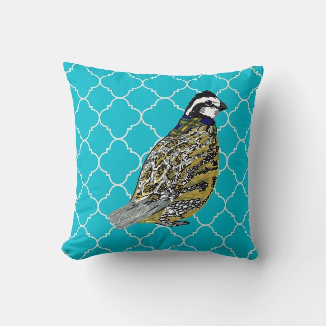 Bobwhite With Teal and Orange Quatrefoils Throw Pillow (Front)