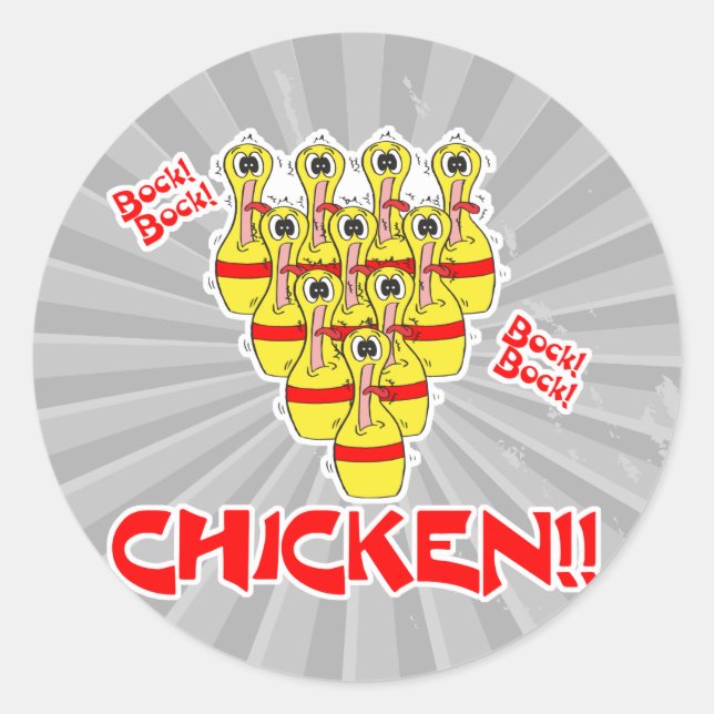 bock bock chicken funny scared bowling pins classic round sticker (Front)
