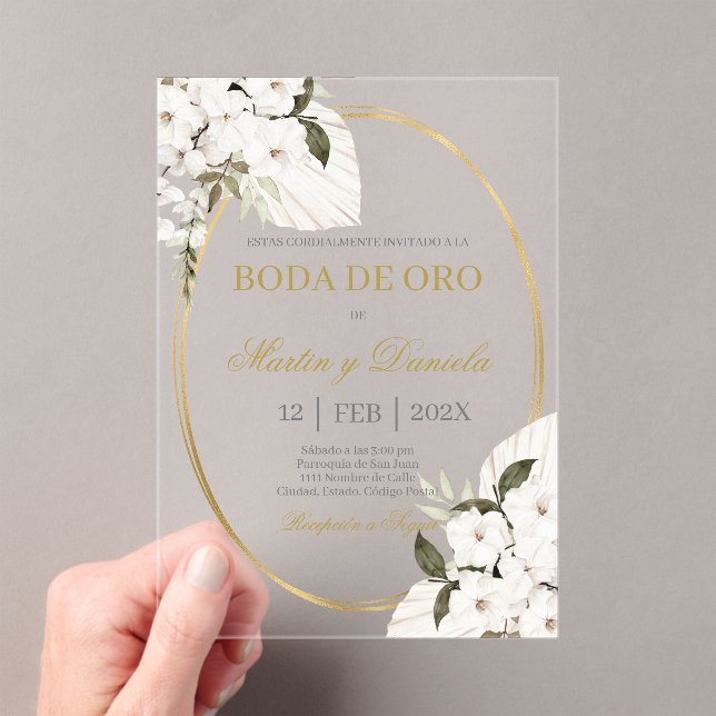 Boda de oro con boho blanco acrylic invitations (Insitu (Handheld))