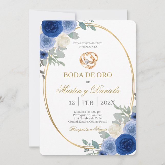 Boda de oro con flor azul invitation (Front)