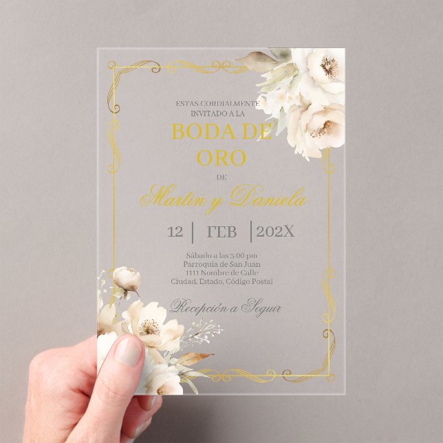 Boda de oro con flor blanca acrylic invitations (Insitu (Handheld))