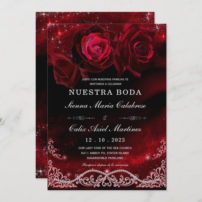 Boda en Negro, Rojo y Blanco Invitation (Front/Back)