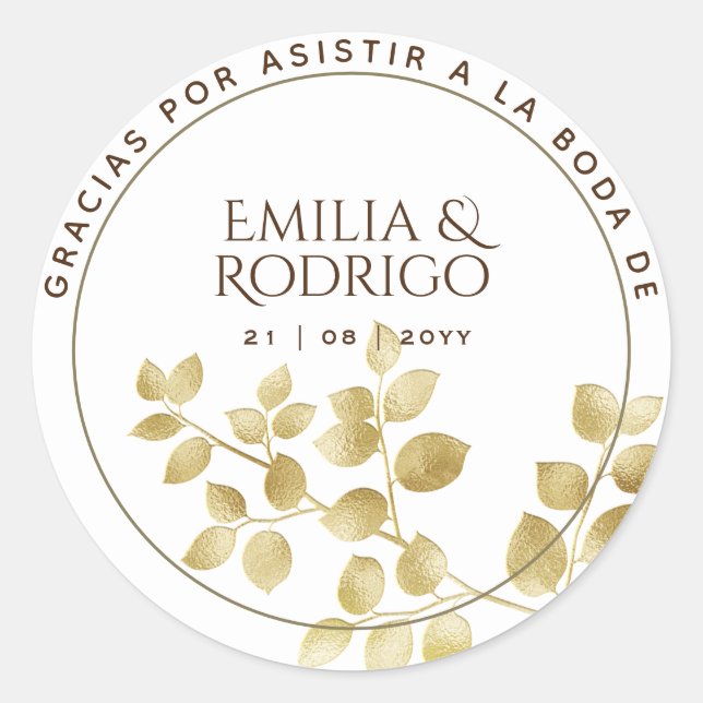 Boda española de hoja de oro gracias recuerdo de b classic round sticker (Front)