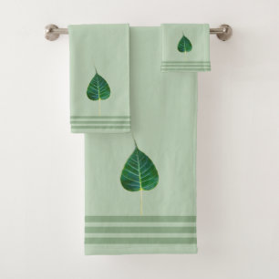 Bodhi Leaf & Three Stripes on Light Laurel Green Bath Towel Set
