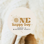 BODHI One Happy Boy First Trip Around Sun Birthday Classic Round Sticker<br><div class="desc">Calling all free spirits! Join us as we celebrate 'One Happy Boy' and his bohemian sun first birthday with our groovy favor sticker. Bursting with earthy colors and retro fonts, this invite sets the stage for an unforgettable celebration. Get ready for a day of sunshine, smiles, and good vibes. This...</div>