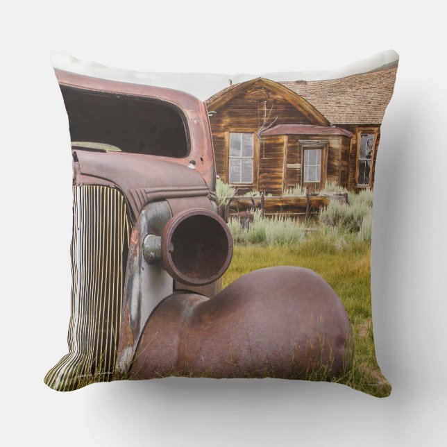 Bodie Ghost Town Abandoned Rusted Car Close Up Throw Pillow (Front)