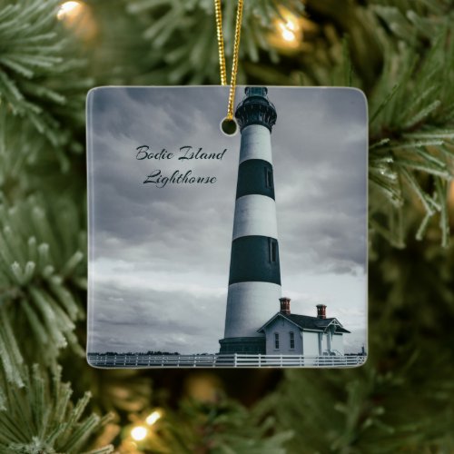 Bodie Island Lighthouse black and white Ceramic Ornament