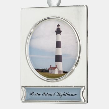 Bodie Island Lighthouse Silver Plated Banner Ornament by JTHoward at Zazzle