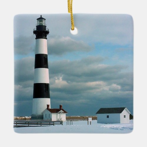 Bodie Lighthouse with Snow Outer Banks NC Ceramic Ornament
