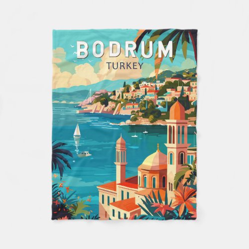 Bodrum Turkey Travel Art Vintage Fleece Blanket