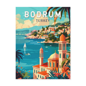 Bodrum Turkey Travel Art Vintage Postcard