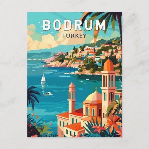 Bodrum Turkey Travel Art Vintage Postcard