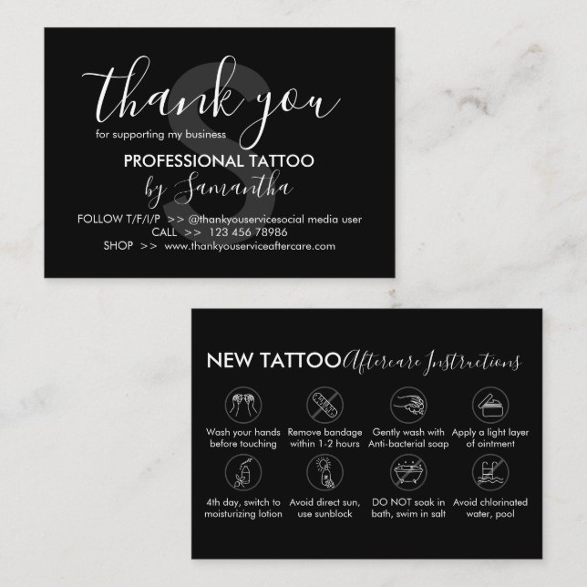Body Art Aftercare Instructions Tattoo Thank you Business Card (Front/Back)
