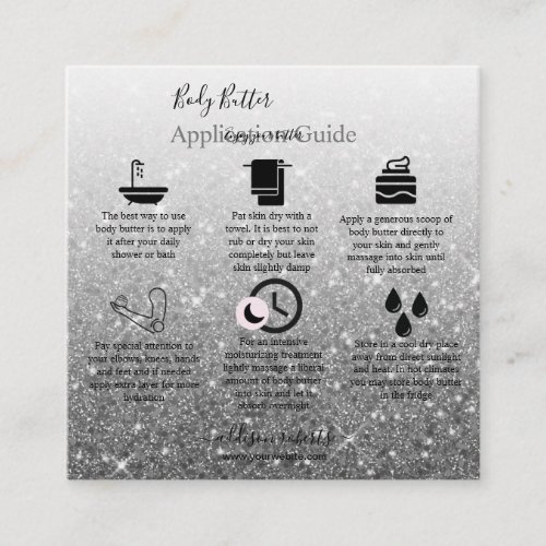 Body Butter Application Modern Silver Glitter Square Business Card