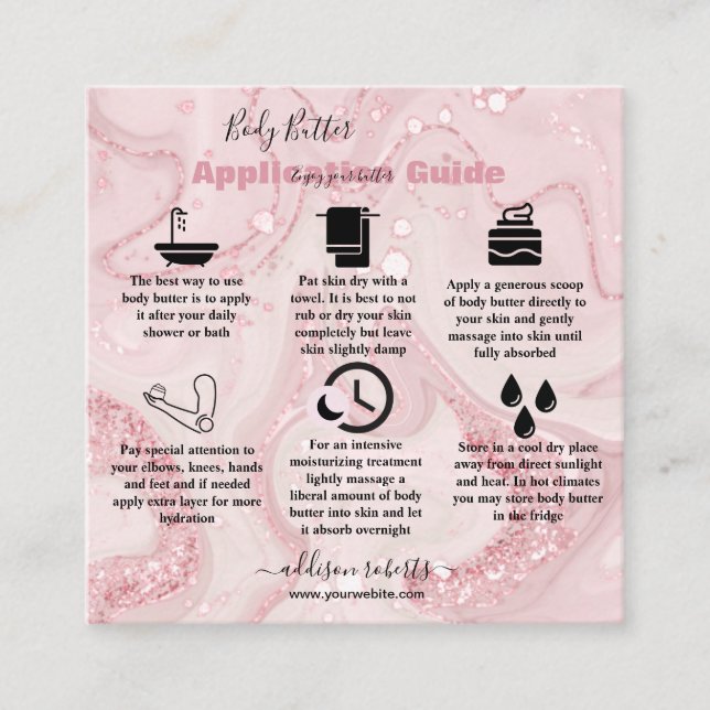 Body Butter Application Pink Gold Watercolor   Square Business Card (Front)