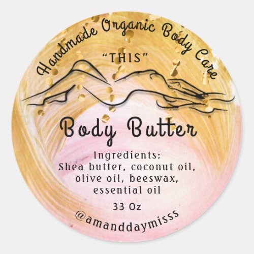 Body Butter Balm Care Packaging Gold Pink Strokes Classic Round Sticker