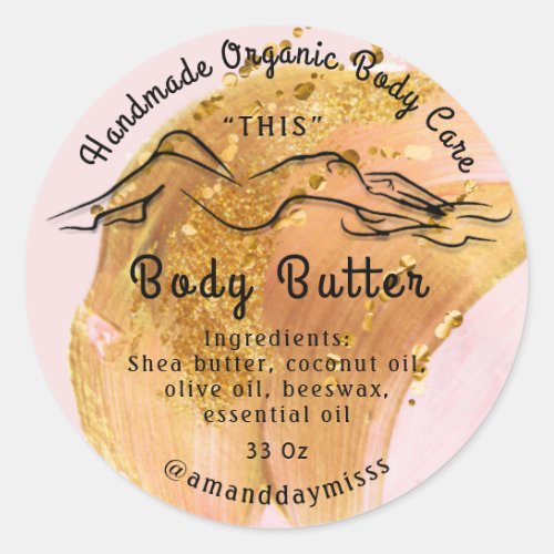 Body Butter Balm Care Packaging Golden Pink Logo Classic Round Sticker