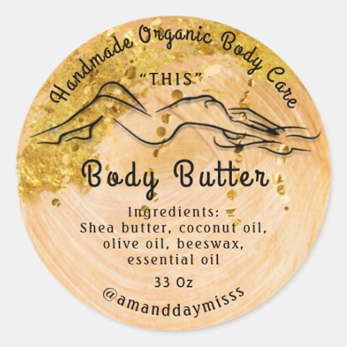 Body Butter Balm Care Packaging Logo Gold Peach Classic Round Sticker