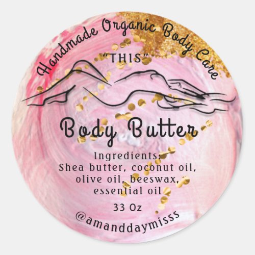 Body Butter Balm Care Packaging Logo Rose Pink Classic Round Sticker