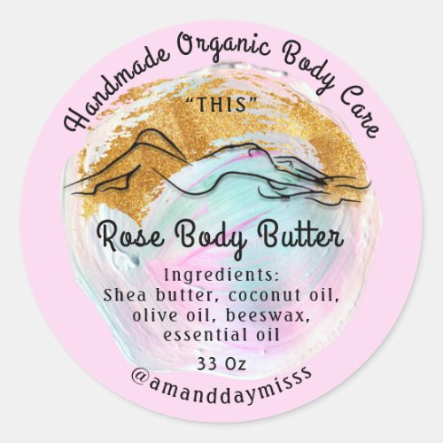 Body Butter Balm Care Packaging Rose Pink Stroke Classic Round Sticker