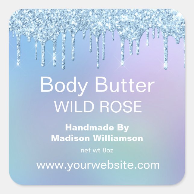 Body Butter Blue Dripping Glitter Personalized Square Sticker (Front)