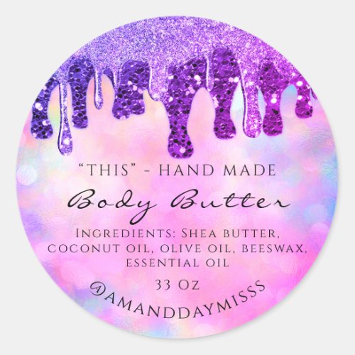 Body Butter Handmade Packaging Glitter Drips Pinky Classic Round Sticker