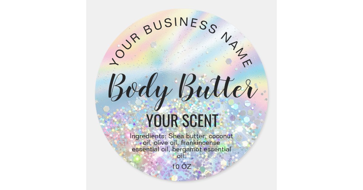 body butter holograph foil add your logo classic round sticker | Zazzle