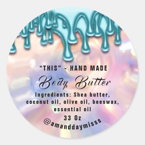 Body Butter Packaging Blue Drips Holographic Classic Round Sticker