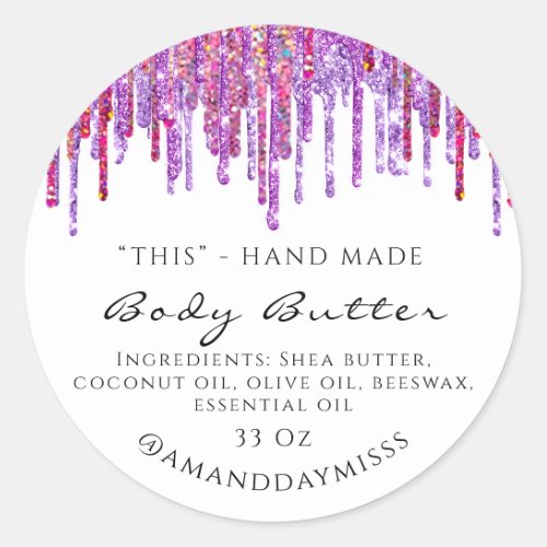 Body Butter Packaging Cosmetics Purple Drips Classic Round Sticker