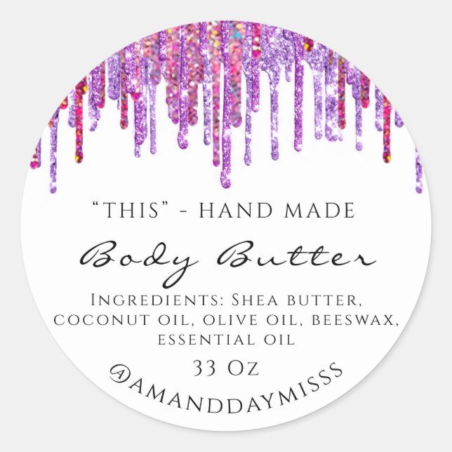 Body Butter Packaging Cosmetics Purple Drips Classic Round Sticker (Front)