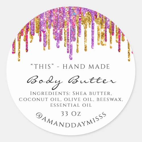 Body Butter Packaging Cosmetics Purple Gold Drips Classic Round Sticker