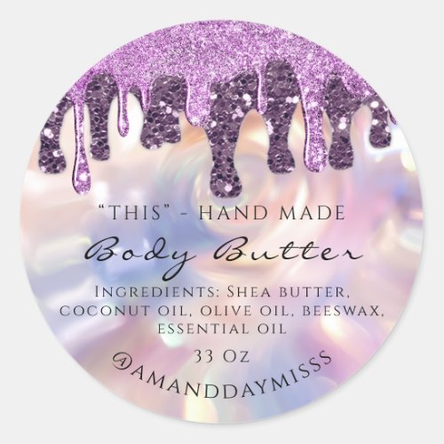 Body Butter Packaging Glitter Drip Violet Purple Classic Round Sticker