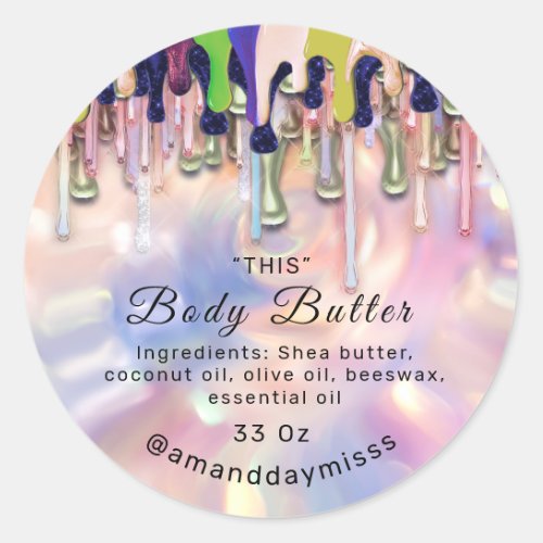 Body Butter Packaging Pink Drips Holographic 3D Classic Round Sticker