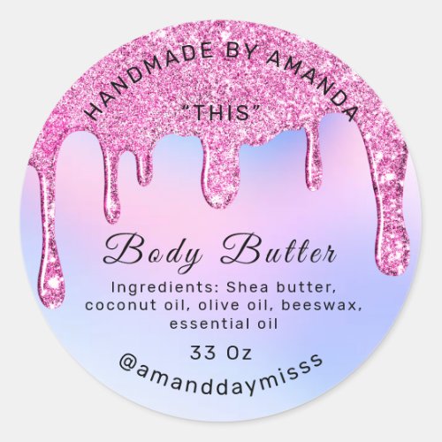 Body Butter Packaging Pink Drips Holographic Blue Classic Round Sticker