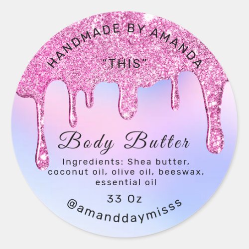 Body Butter Packaging Pink Drips Holographic White Classic Round Sticker
