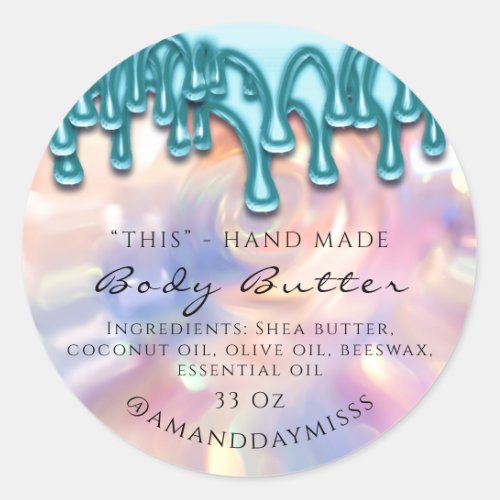 Body Butter Packaging Rose Drip Blue Holographic Classic Round Sticker