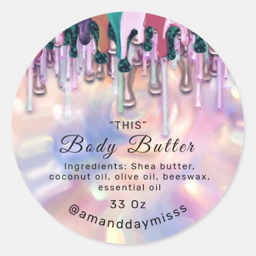 Body Butter Packaging Rose Drips Holograph Pink Classic Round Sticker