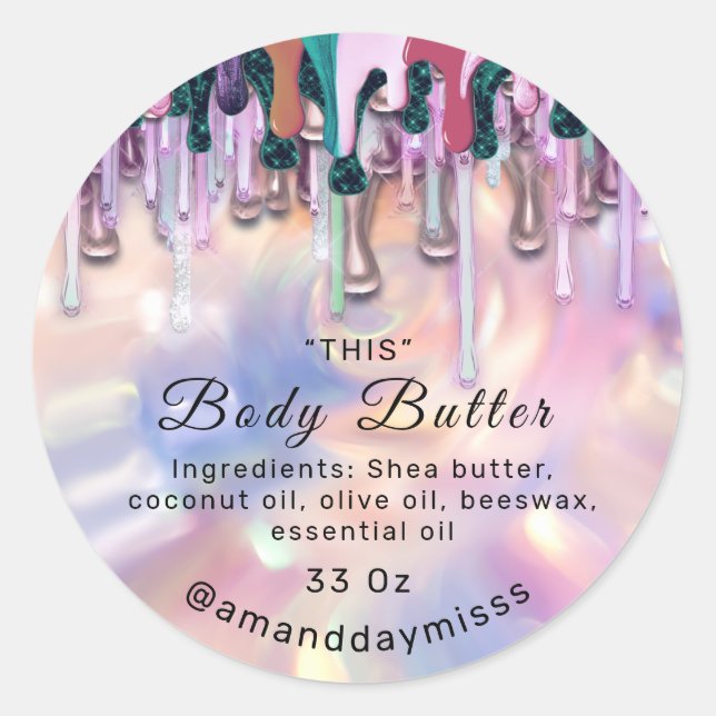Body Butter Packaging Rose Drips Holograph Pink Classic Round Sticker (Front)