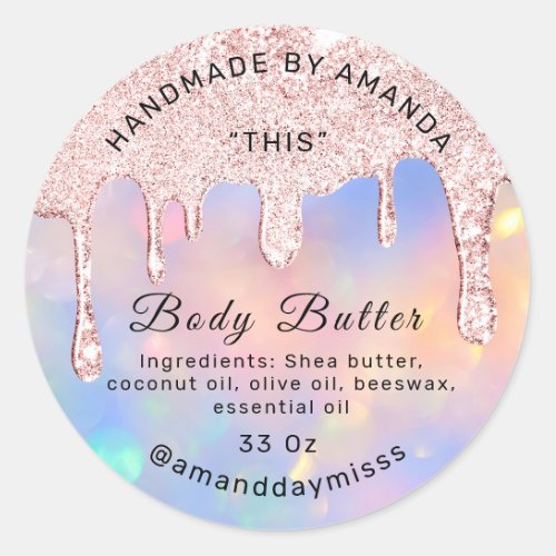 Body Butter Packaging Rose Drips Holographic Classic Round Sticker
