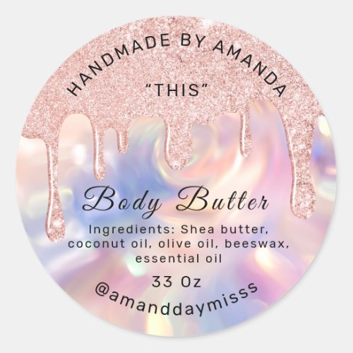 Body Butter Packaging Rose Drips Holographic Classic Round Sticker