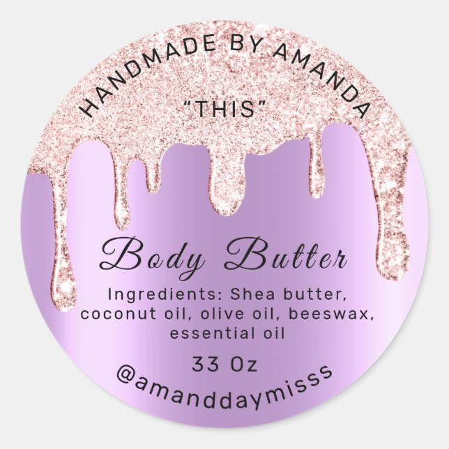 Body Butter Packaging Rose Drips Lavender Classic Round Sticker (Front)