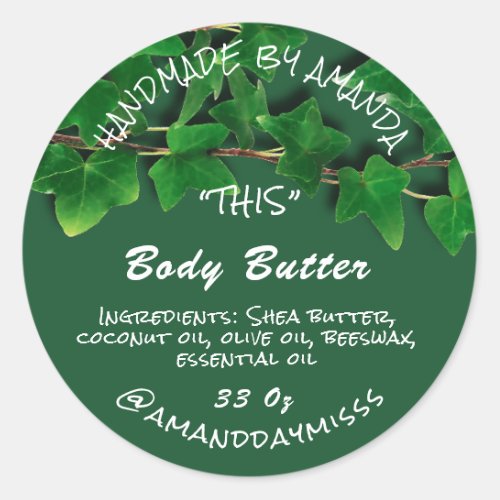Body Butter Product Packaging Green Leaf  Classic Round Sticker