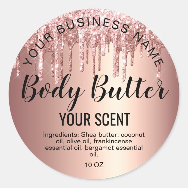 body butter  rose gold drips foil add your logo classic round sticker (Front)